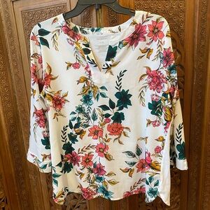 EUC - Van Heusen - Women’s Floral Cotton V Neck Long Sleeve Top Size Large